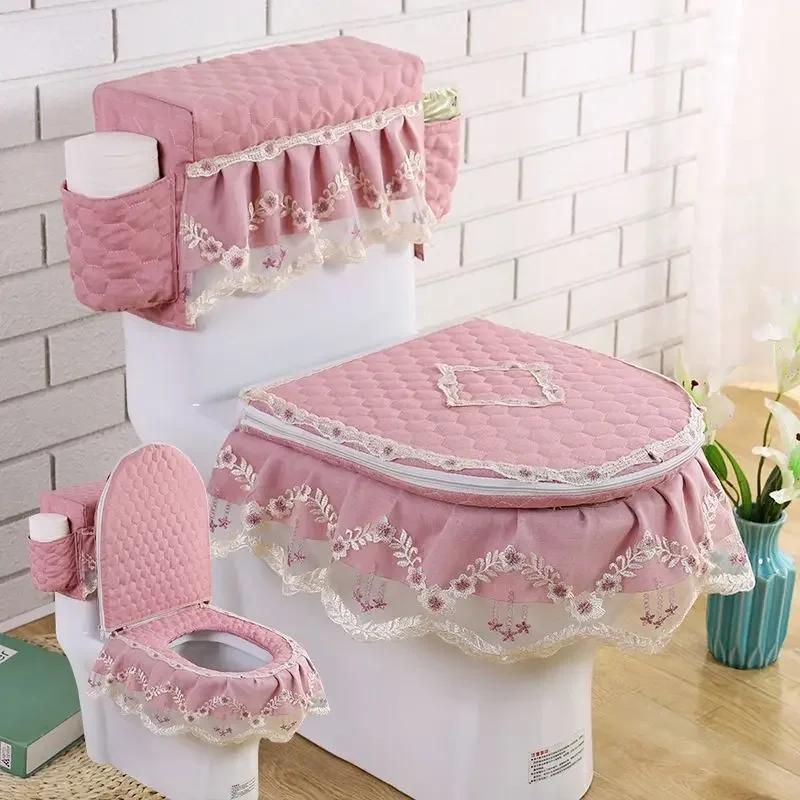 Lace 3D Embroidered Toilet Three Piece Set U-shaped Zipper Closestool Cover with Storage Bag Feather Wave Edge Dust Cushion
