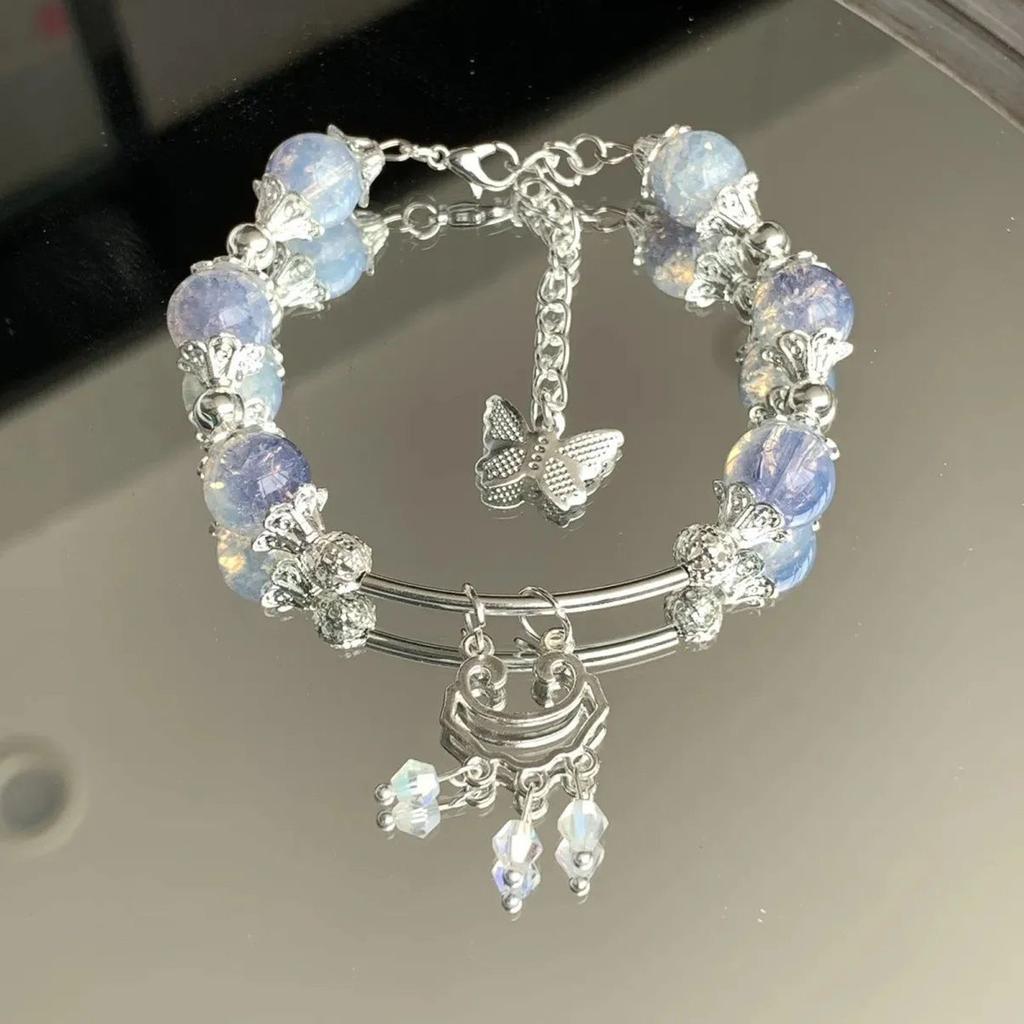 Blue Butterfly Wind Chime Bracelet Handmade Adjustable Alloy Charm Jewelry Bracelet with Glass Beads for Women Gift