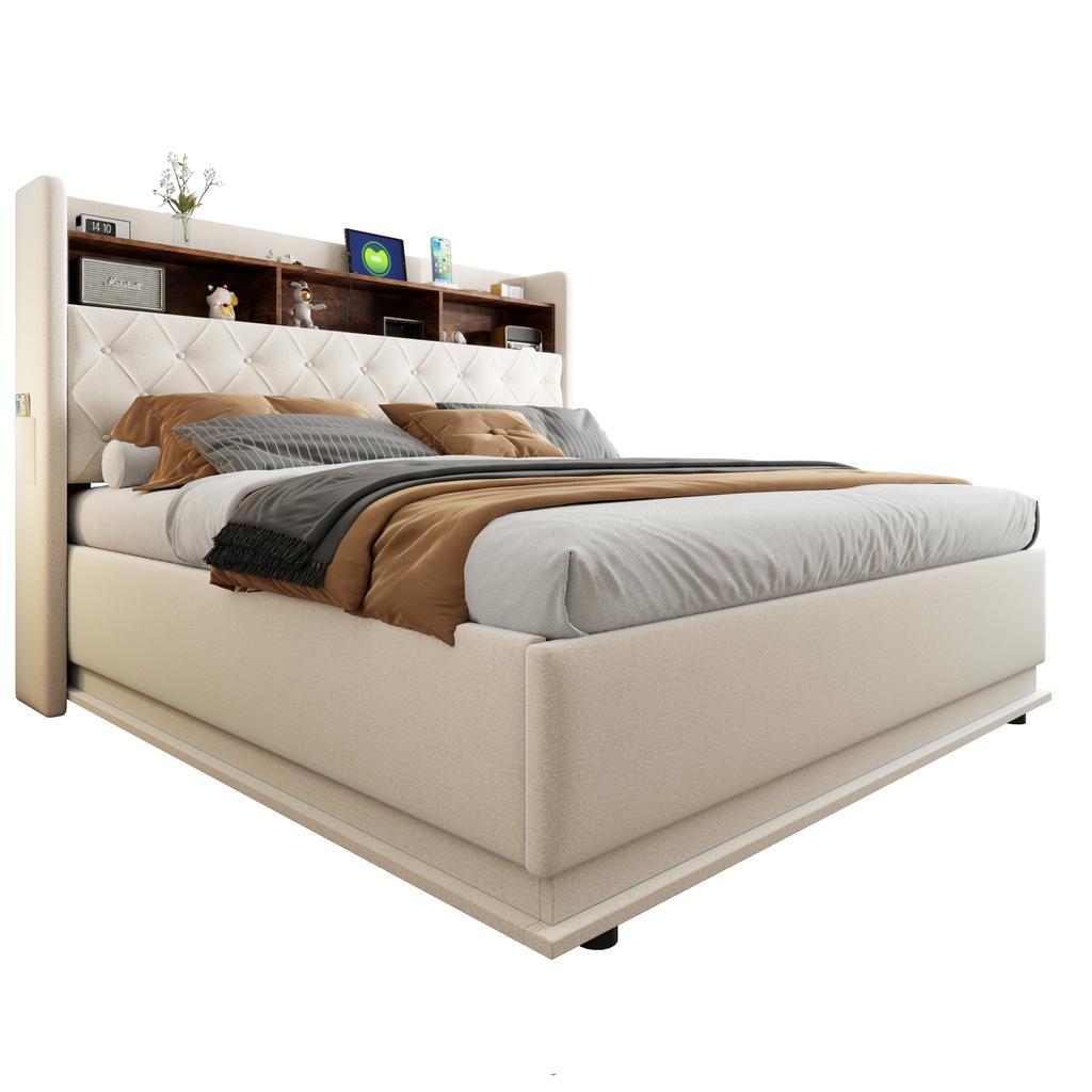 LED Gestoffeerd Bed 180 x 200 cm, Gestoffeerd Opbergbed met USB-oplaadpoort en Hydraulische Opbergruimte, Huidvriendelijke Linnen Stof, Beige