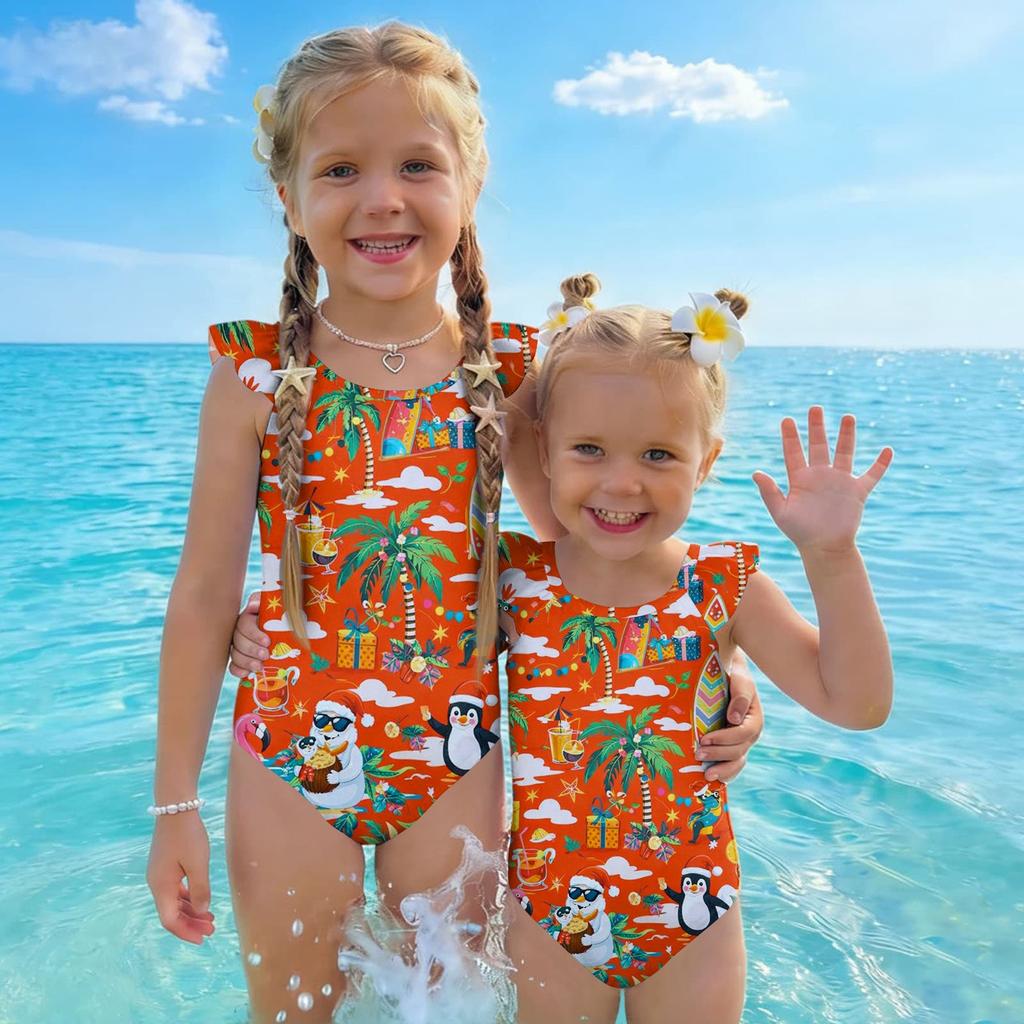 Girls One Piece Swimsuit Hawaiian Print Sleeveless Ruffle Shoulder Swimwear Kids Beachwear Bathing Suit for Summer Pool Water Activities