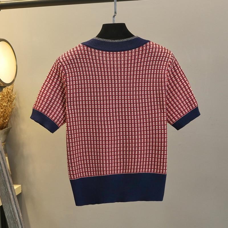 Ženy Léto Nová značka Design s výstřihem do O výstřih Diamonds Knoflík Mřížka Pletené svetry Retro Hit barva Krátký rukáv Tenký svetr