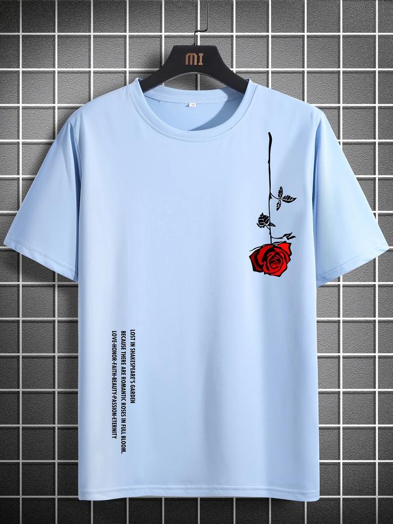 Summer new rose print men's T-shirt loose size 100% cotton rose print casual slim round neck short-sleeved T-shirt top