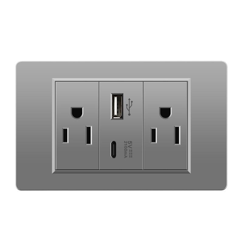 118 Type Switch Six-Hole Gray Wall Socket with Type-C 20W, Thai Style & PC Panel, Taiwan Socket