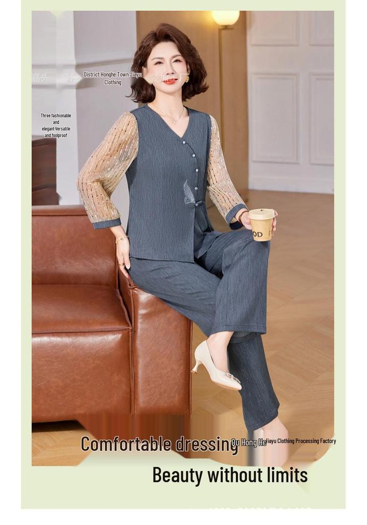 Mom's Summer Slimming Top & Elegant Wide-Leg Pants Set for Middle-Aged Women
