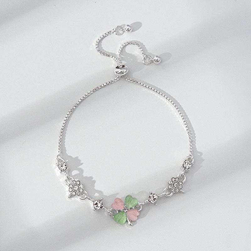 Lucky Four-Leaf Clover Adjustable Green Cat's Eye Bracelet for Women (Mori Style)