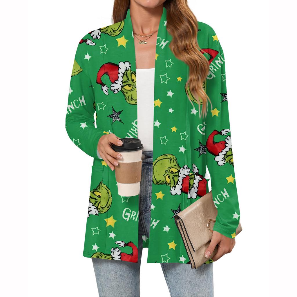 Women's Christmas Printed Lightweight Cardigan Long Sleeved Casual Loose Thin Fit With Pockets Cardigan Jacket