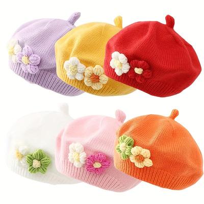 2 szt. Dziecięce berety z elastycznej dzianiny z uroczymi kwiatowymi ozdobami - Lekkie, ciepłe czapki typu beanie w stylu francuskim na zimę, wiosnę, jesień