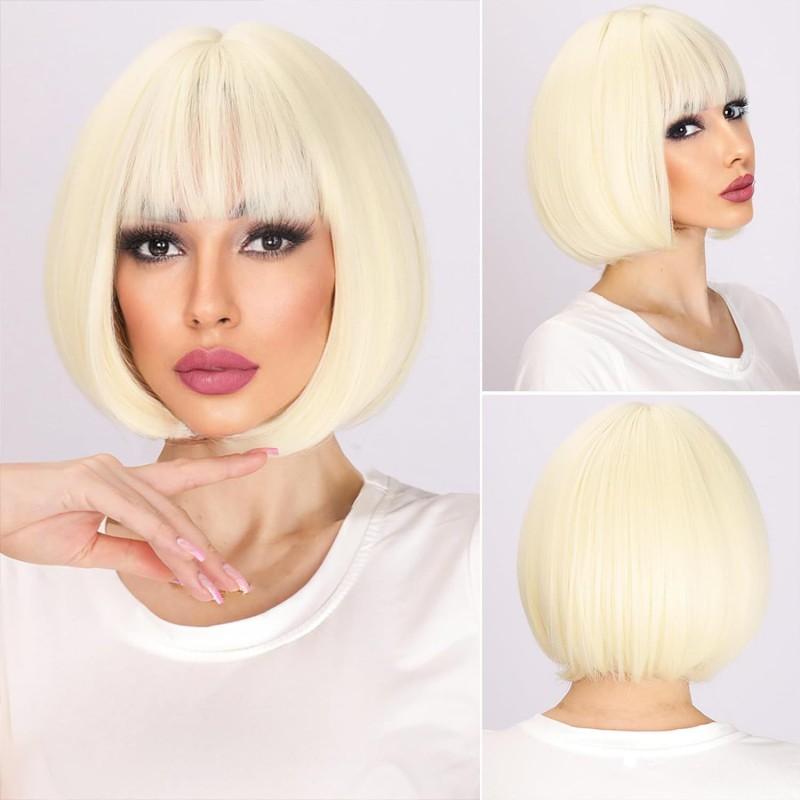 Womens Black Straight Short Bob Wig With Full Bangs Heat-Resistant Synthetic Hair Natural Look