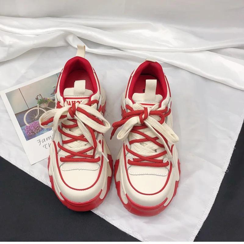 Fashion High Quality Woman Pink Board Shoes Trend Comfortable Thick Sole Increase Casual Shoes Female Sneakers Fashion Lace Up Flat Shoe