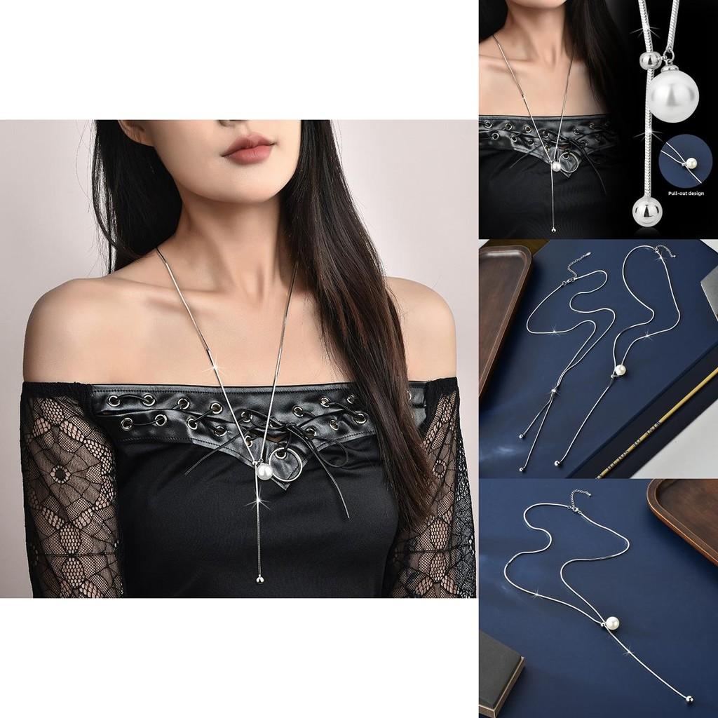 Elegant Pearl Long Necklace For Women In Titanium Steel With Geometric Design Ideal For Fall And Winter Fashion