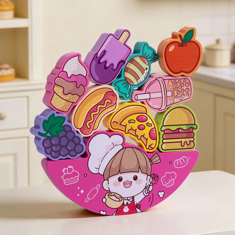 Kids Wooden Toy 3D Stacking Cute Food Balance Building Blocks Game Children'S Educational Toys Animal Tree Tumble Jumble