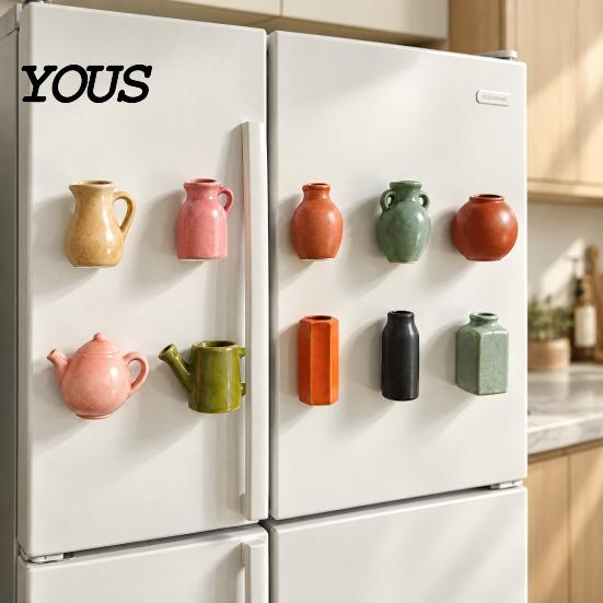 Strong Magnetic Note Holders Mini Ceramic Vase Fridge Magnets, Cute Tiny Flower Magnets for Small Planters Metal Surfaces Artificial Flowers,