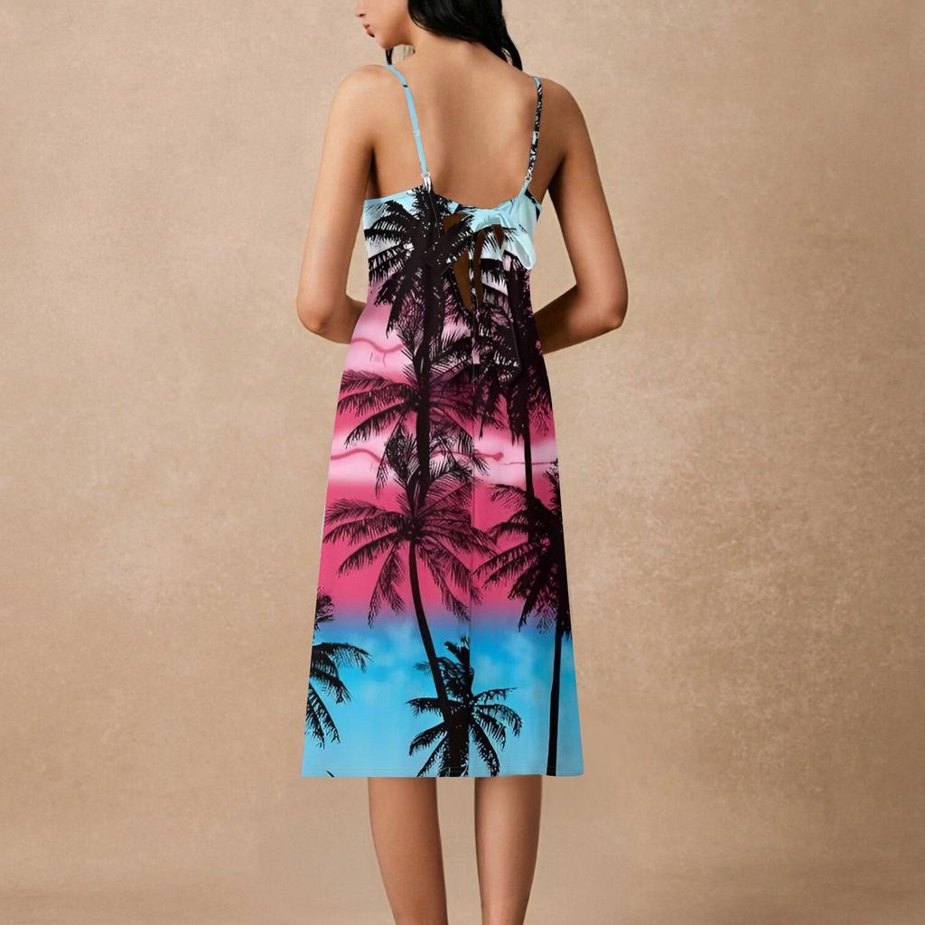 Women's Spaghetti Strap Backless Bow Loose Casual Beach Holiday Dress Sundress