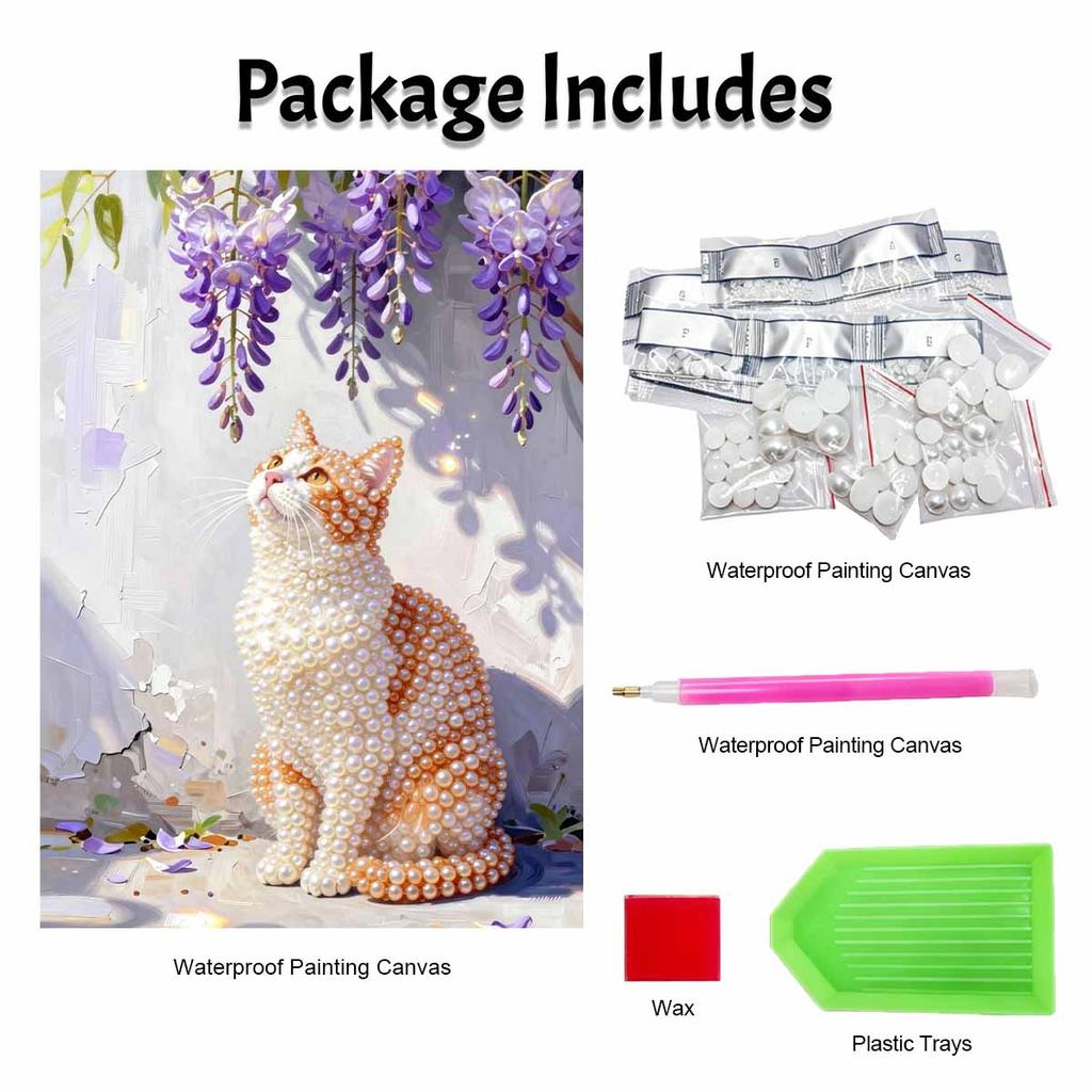 Cute Cat Pearl Painting Handmade DIY 5D Creative Ornaments Living Room Home Decoration Painting with Wisteria Flowers