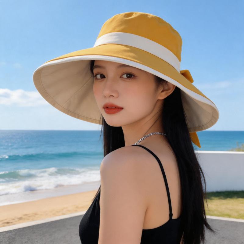 Fisherman's Hat Women's Colored Glue Sunscreen Bow Splicing UV Protection Basin Hat Big Edge Sun Hat