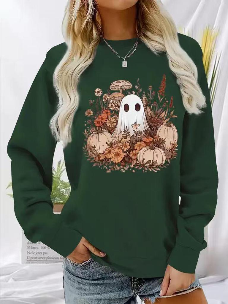 2025 Autumn/Winter Halloween Ghost & Pumpkin Hoodie, Versatile Long Sleeve, Round Neck