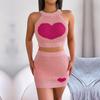 Women Spring Summer  Halter Neck  Sleeveless Heart Knitted Warp Hip Skirt Suits
