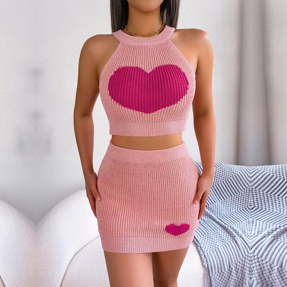 Women Spring Summer  Halter Neck  Sleeveless Heart Knitted Warp Hip Skirt Suits