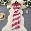 Niche Retro Fashion Polo Collar Short-sleeved Contrasting Striped Knitted Dress Women's Waist and Split-ended Sweater Skirt