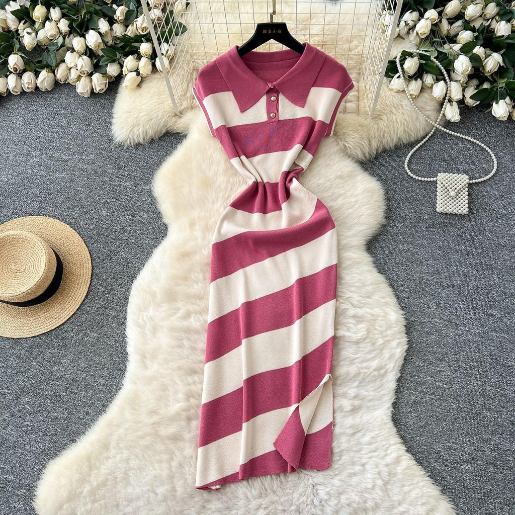 Niche Retro Fashion Polo Collar Short-sleeved Contrasting Striped Knitted Dress Women's Waist and Split-ended Sweater Skirt