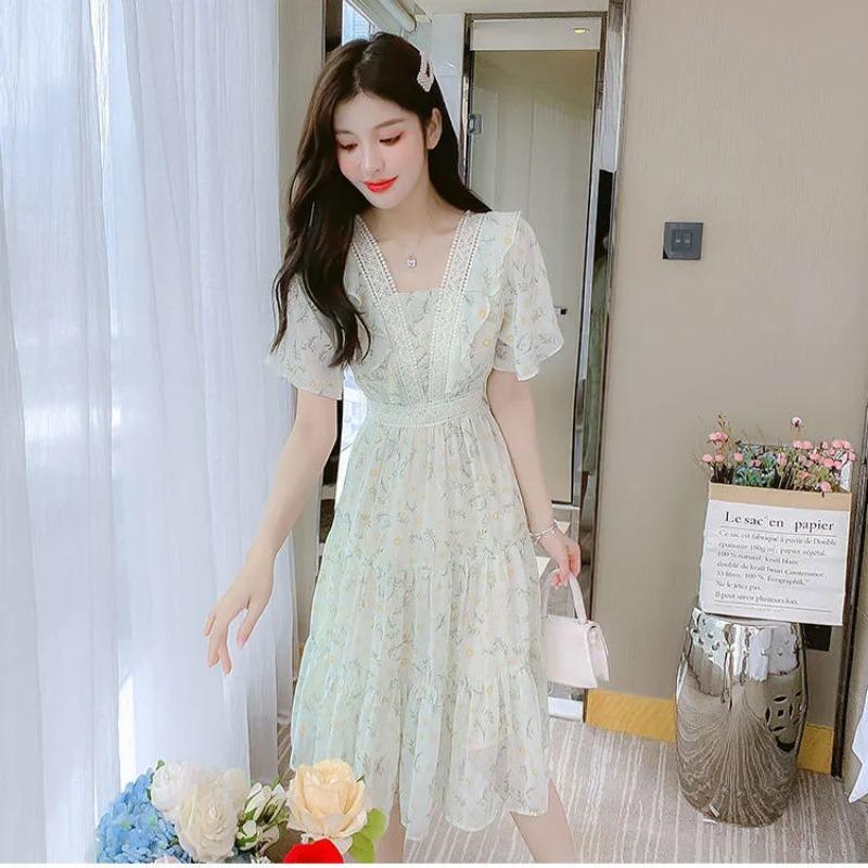 French Floral Chiffon Dress for Women Summer New Temperament Waist Chic Skirt
