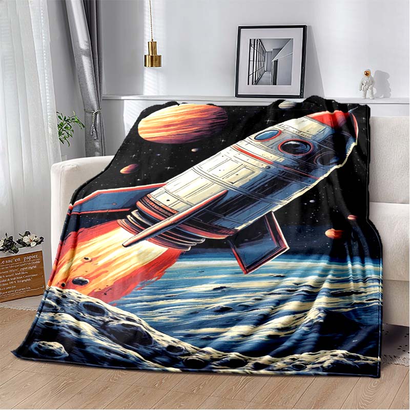 Space Astronaut Flannel Blanket, Soft Warm Throw with Cartoon Spaceman & Planet Print for Kids Bed Sofa, Cozy Bedding for Boys