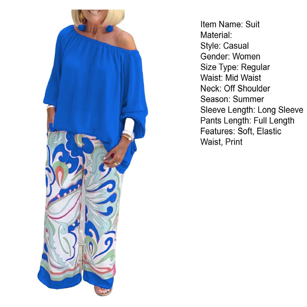 2 Pcs/Set Women Blouse Pants Set Elastic Off Shoulder Leisure Chic Stretchy Waist Outfit Female Garment