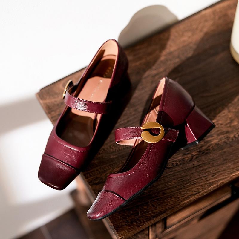 

Винтажные туфли Мэри Джейн Женские с открытым верхом на толстом каблуке с квадратным носком Вечерние туфли на высоком каблуке Одинарные туфли 39 бордовый