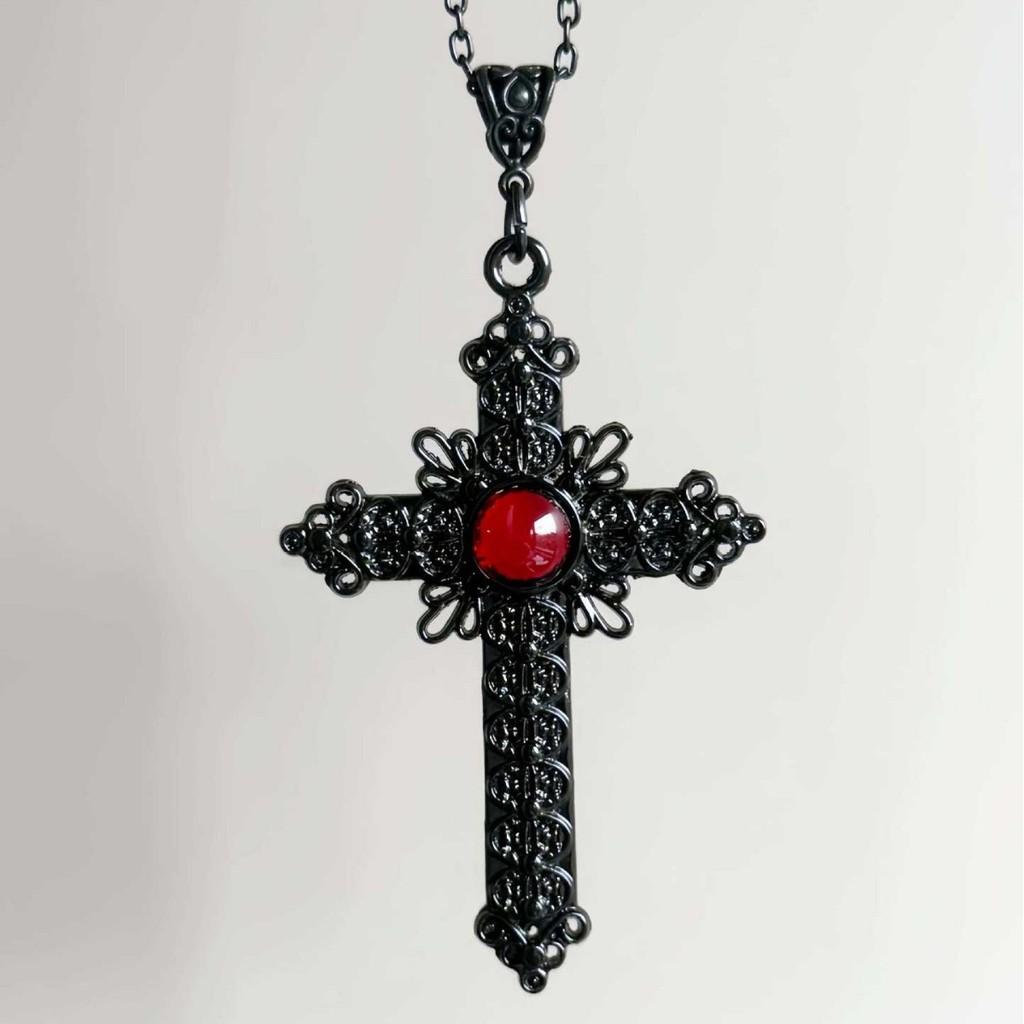 Gothic Cross Necklace With Red Crystal Pendant For Women And Men
