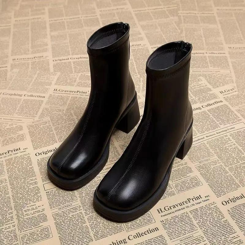 Madingi juodi moteriški ankle boots Madingi užtrauktukai gale Žemas kvadratinis kulnas Moteriški batai Neslystantis storas padas Laisvalaikio kasdienio nešiojimo batai