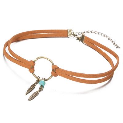 Boheme Choker til Kvinder Boho Fjer Perle Vedhæng Brun Læder Kæde Halskæde Dame Smykker Festgave
