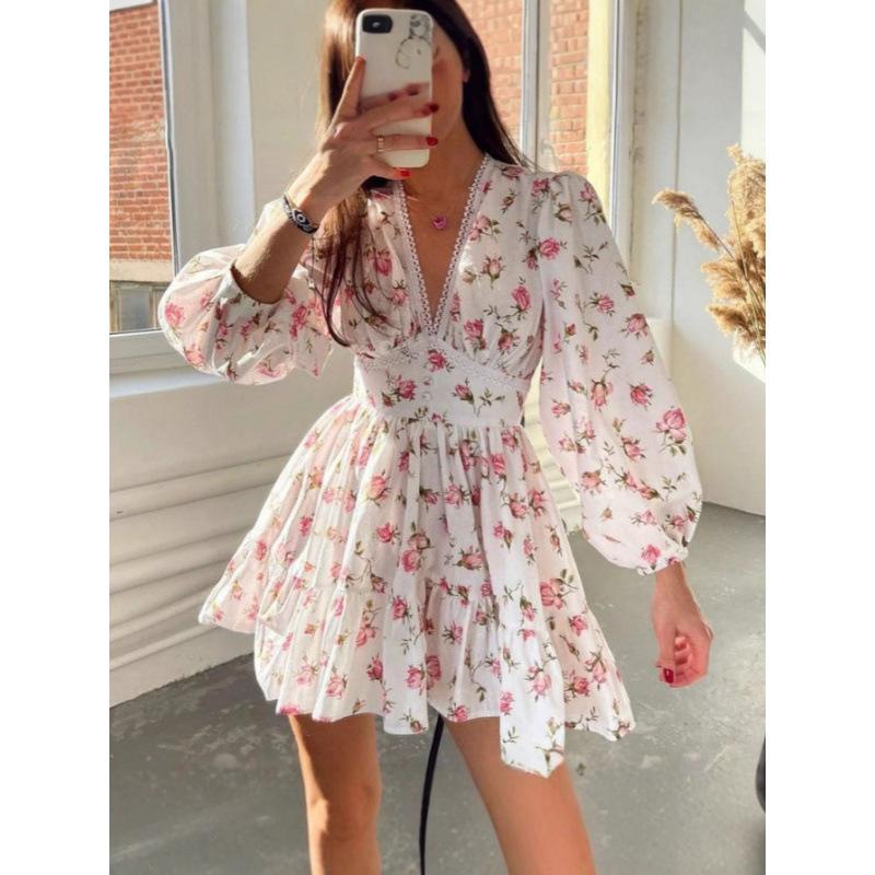 Cross-border Foreign Trade 2025 European and American Summer Women s Elegant Sweet Printed V-neck Lace Dress S