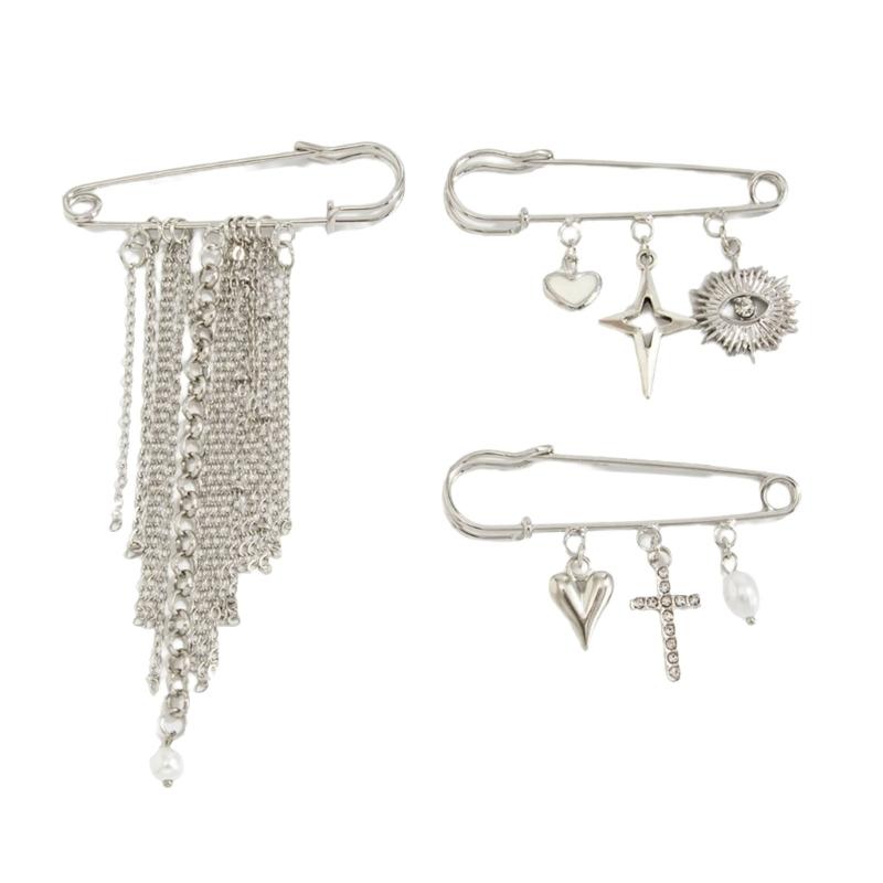 Elegant Brooch Pin Featuring Tassels and Chain Detail Decorated by Imitation Pearls for Personalizing Garments