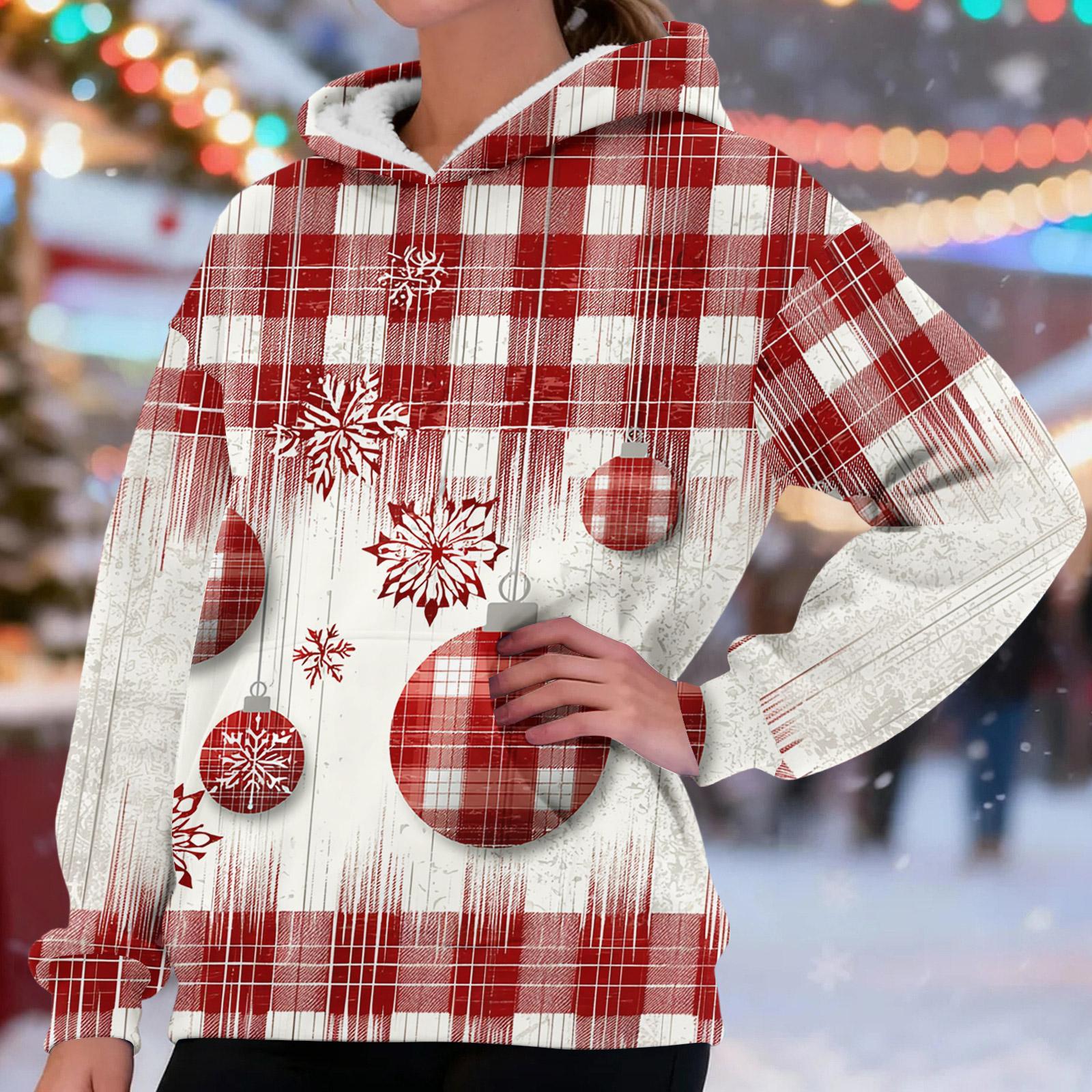 

Women s Fashionable Casual Long-Sleeved Christmas Print Fleece-Lined Thick Hooded Sweatshirt XL