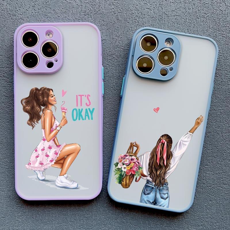 Cute Cartoon Hand Drawn Beautiful Girl Phone Case for Iphone 16 15 14 Pro Max 13 11 12 Mini Pro Max X XR XS 7 8 Plus SE2 Cover