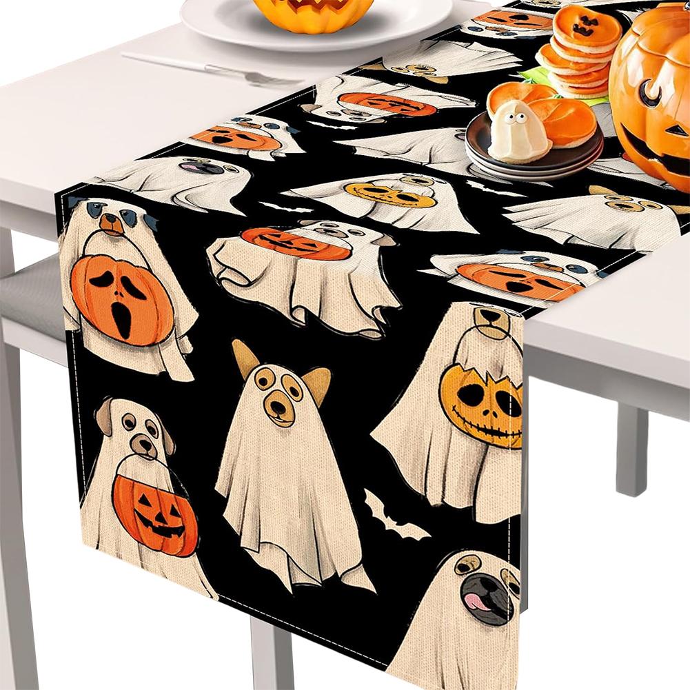 Halloween Polka Dot Ghost Dog Pumpkin Linen Table Runner Party Decor Reusable Kitchen Dining Table Runners Halloween Decoration