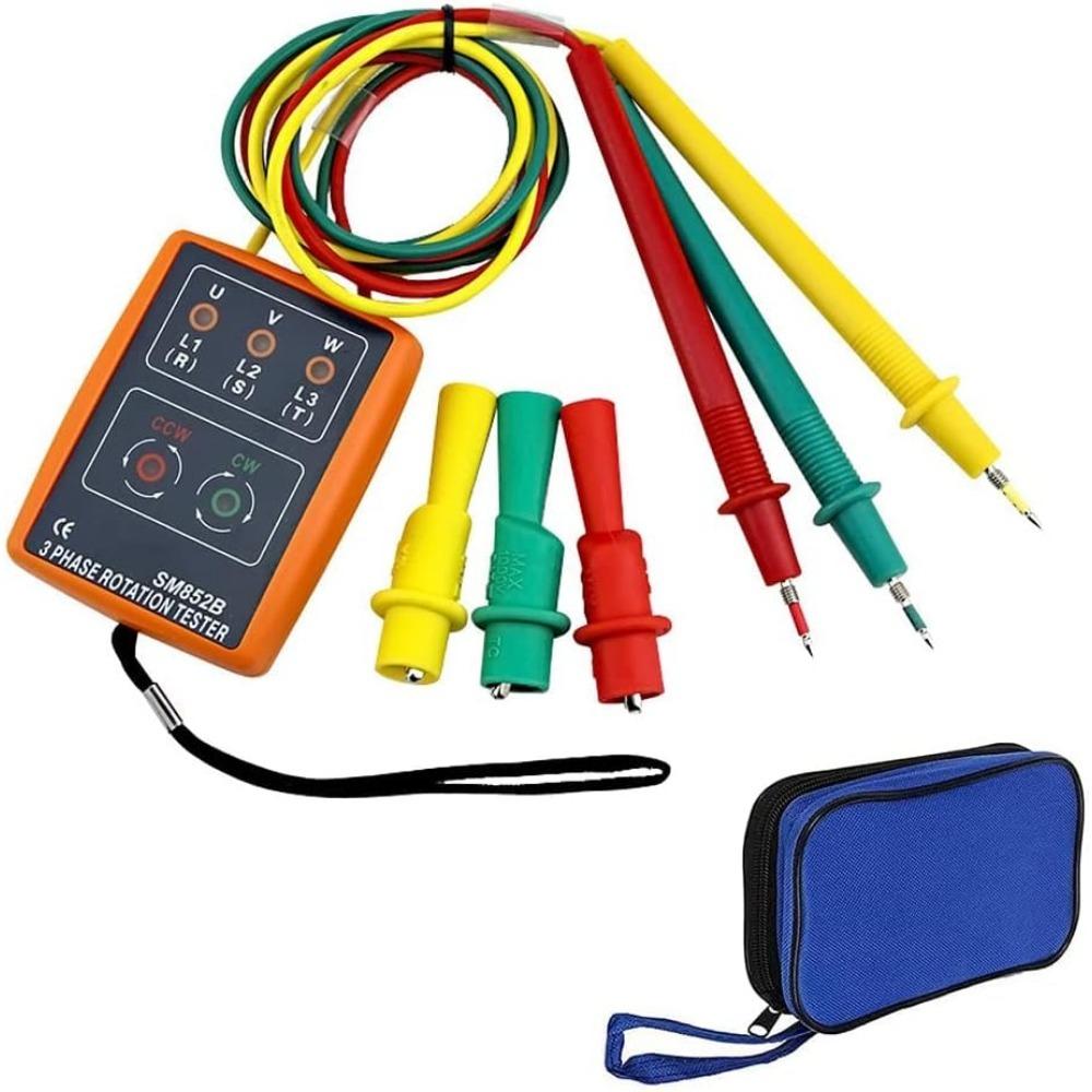 Phase Tester Rotation Field Meter AC60V~600V, 3 Sequence Presence Tester Indicator Detector Meter with Crocodile Clips and Buzzer Tester High Voltage