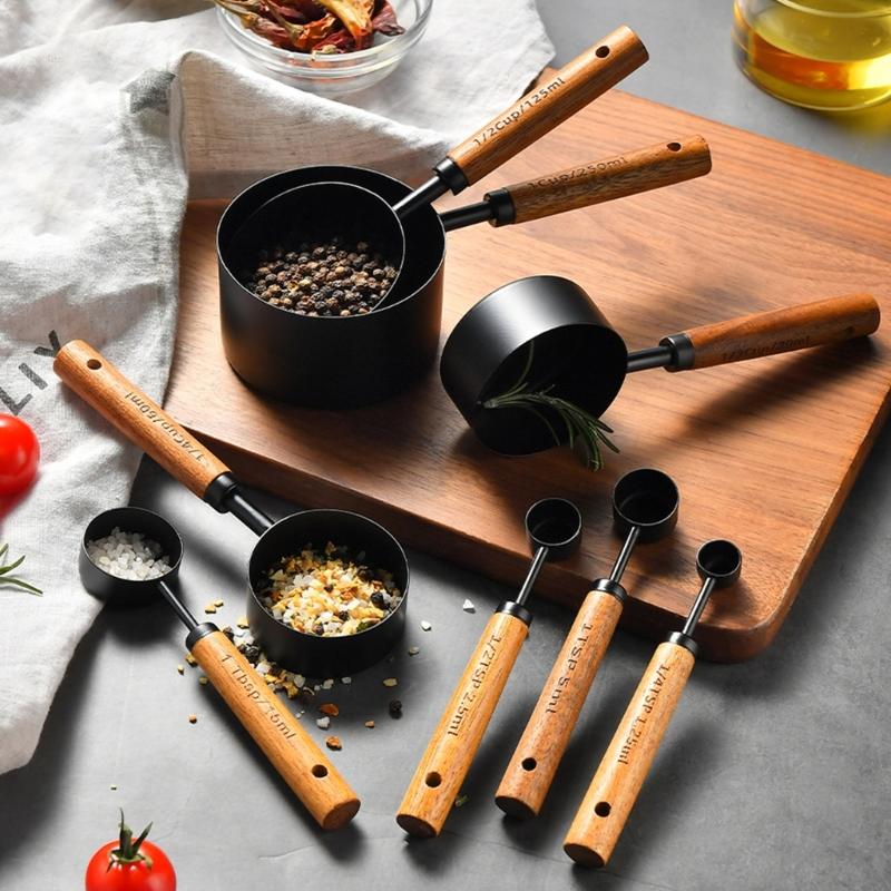 Set of 4 Baking Tool Set Stainless Steel Measuring Cups Measuring Spoons Wood Handle Kitchenwares for Baking Cooking