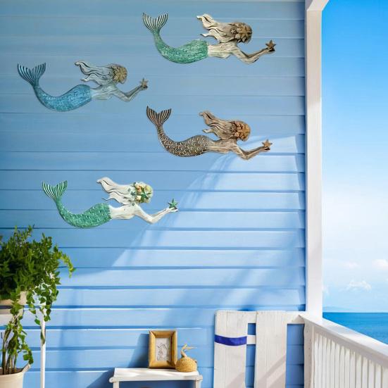 4 Pcs Wooden Mermaid Beach Wall Decor Rustic Nautical Swimming Mermaid Hanging Plaque Sign Coastal Mediterranean Wall Art for Home Farmhouse