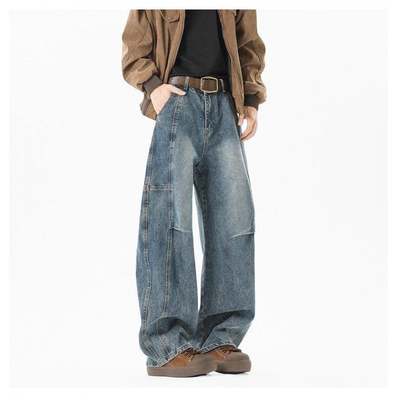 Mens Distressed Patchwork Jeans Thin Loose Straight Leg Wide Pants Teens
