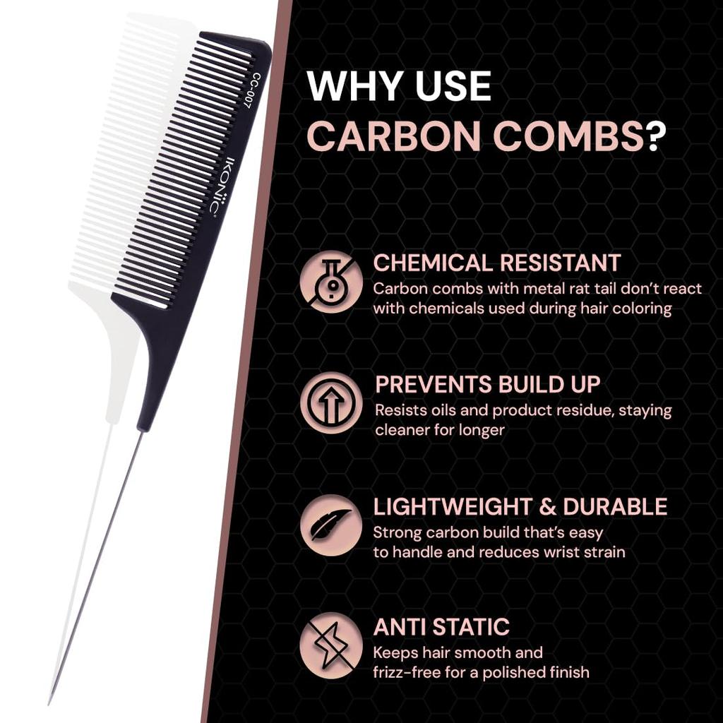 IKONIC CARBON COMB - CC-007 BLACK with Ionic Coating for Static Free Styling, Comes with an Extended Tapered Steel Handle That Doubles As a Hair