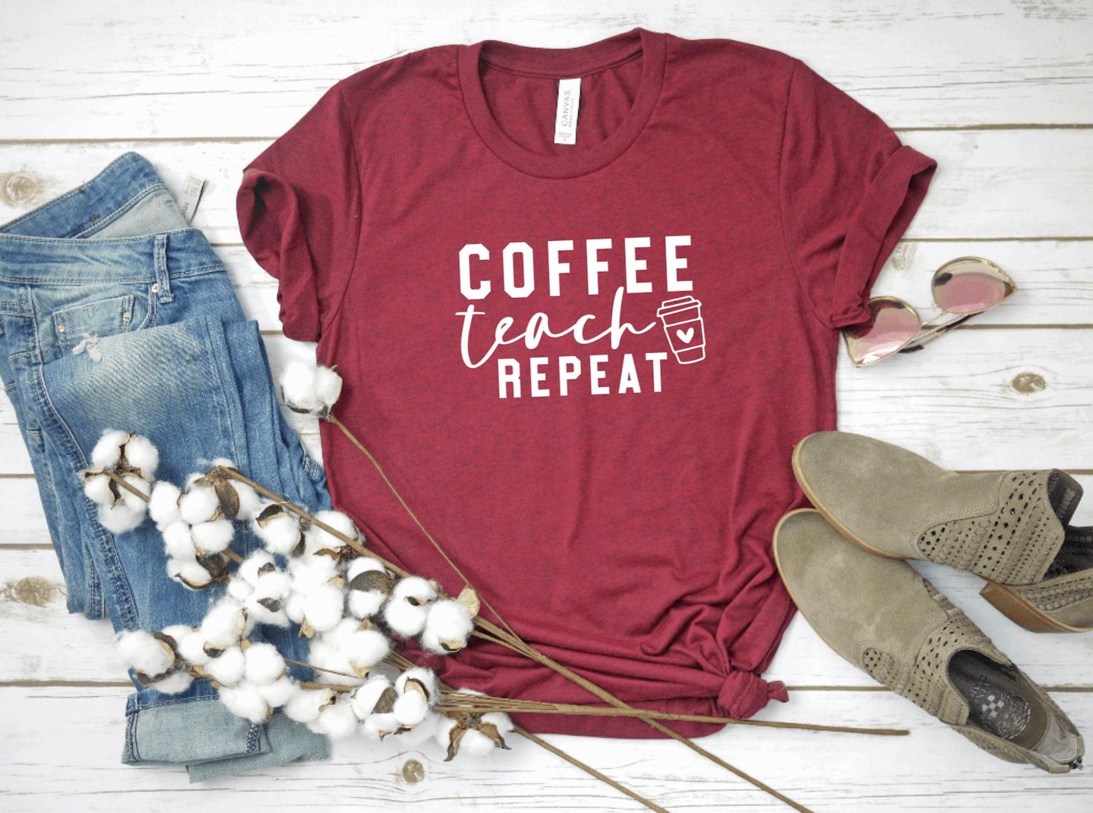 Coffee Teach Repeat Unisex Short Sleeve Graphic T-Shirt, Teacher, Teaching, Back to School XL