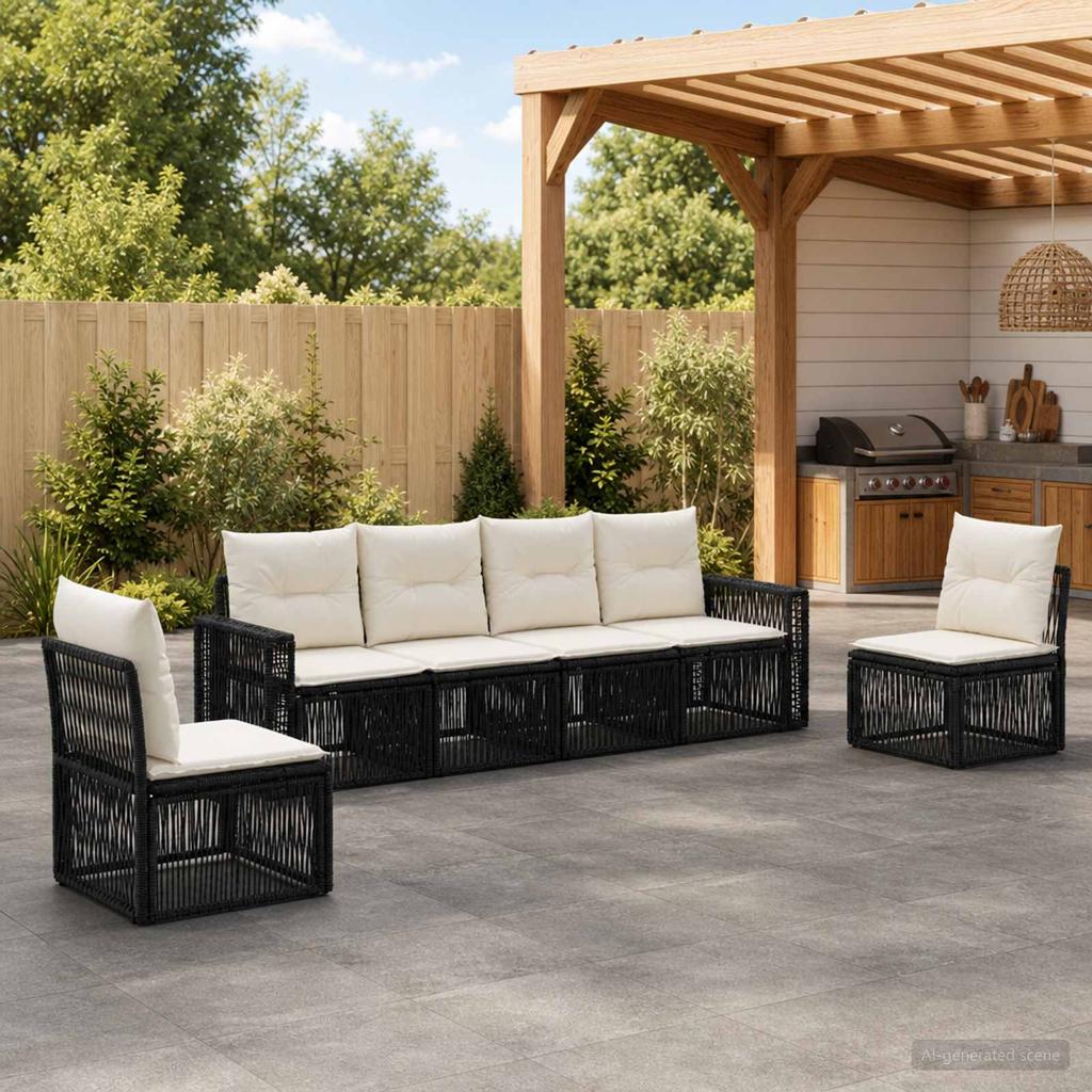 6 Piece Garden Sofa Set Black and Cream White Poly Rattan