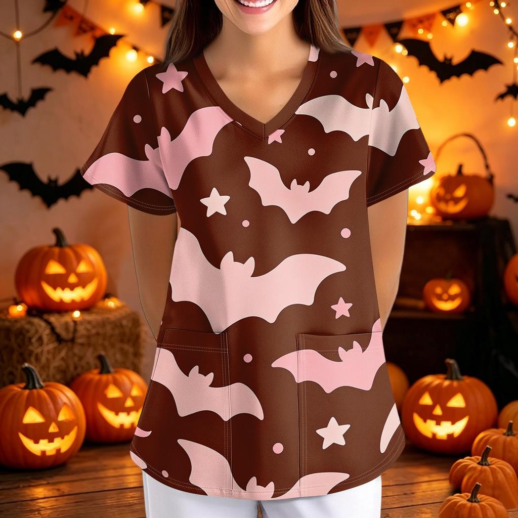 Women V Neck Loose Fit Printed Short Sleeve Top with Pockets Halloween Themed Bat and Cloud Pattern Comfortable Scrub Shirt