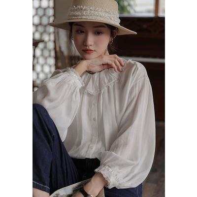 French Ruffles Long Sleeve Shirt Women Spring Vintage Loose Balloon Sleeve Casual Tops