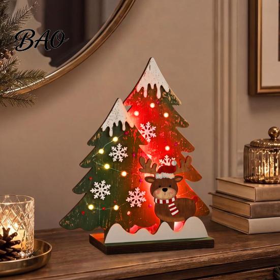 Festive Home Decoration Wooden Christmas Tree Table Decor with LED Light, Rustic Standing Sign Ornament Reindeer Santa Claus for Holiday Tiered Tray,