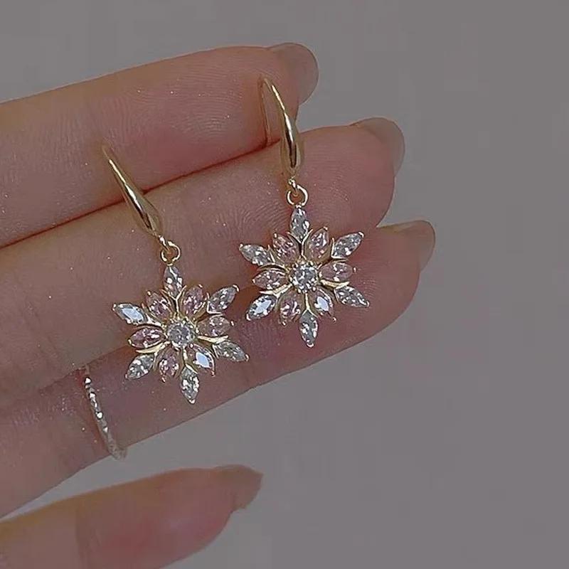 Luxury Rhinestone Snowflake Drop Earrings For Women Elegant Long Tassel Pearl Flower Earring New Year Birthday Jewelry Gifts