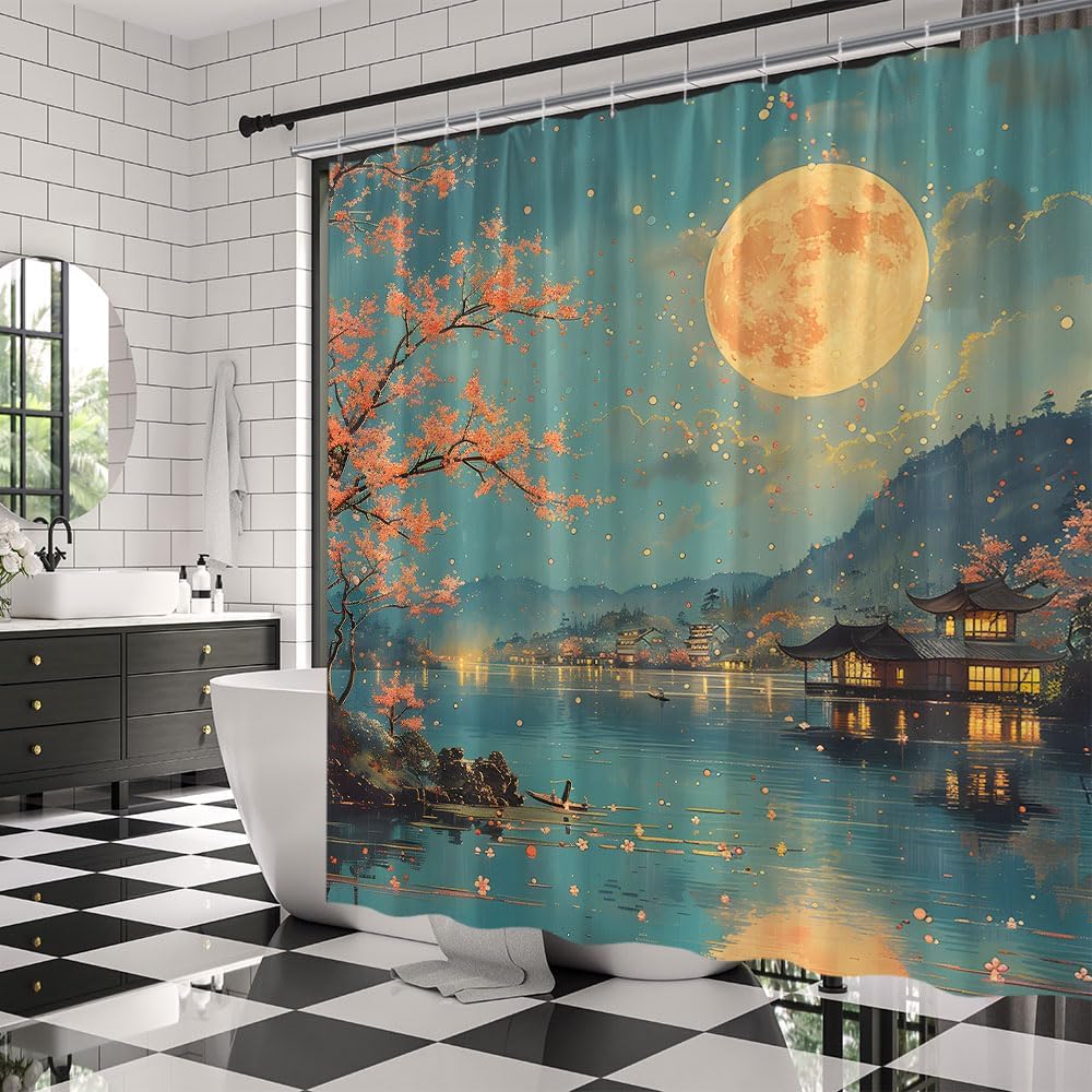 Japanese Cherry Blossom Shower Curtain Full Moon Floral Lake Mountain Wonderland Starry Sky Rustic Asian Anime Watercolor
