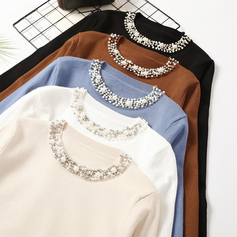 Autumn Winter Bead Pullover Sweater Women's O Neck Long Sleeve Solid Color Loose Knitwear Tops