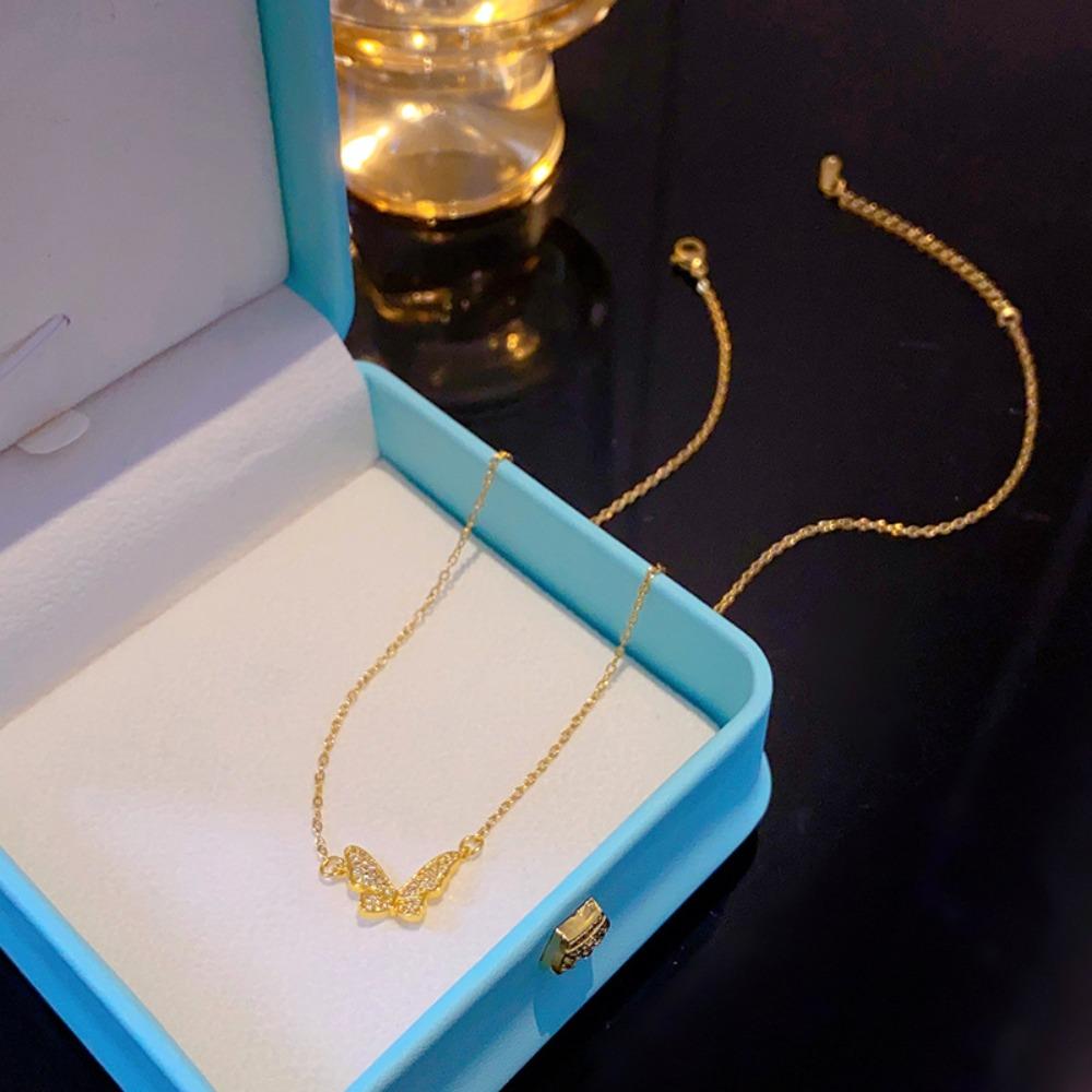 2026 Sparkling Full Zircon Butterfly Necklace - Gold Plated Titanium Steel Delicate Collarbone Chain for Women Fairy Jewelry